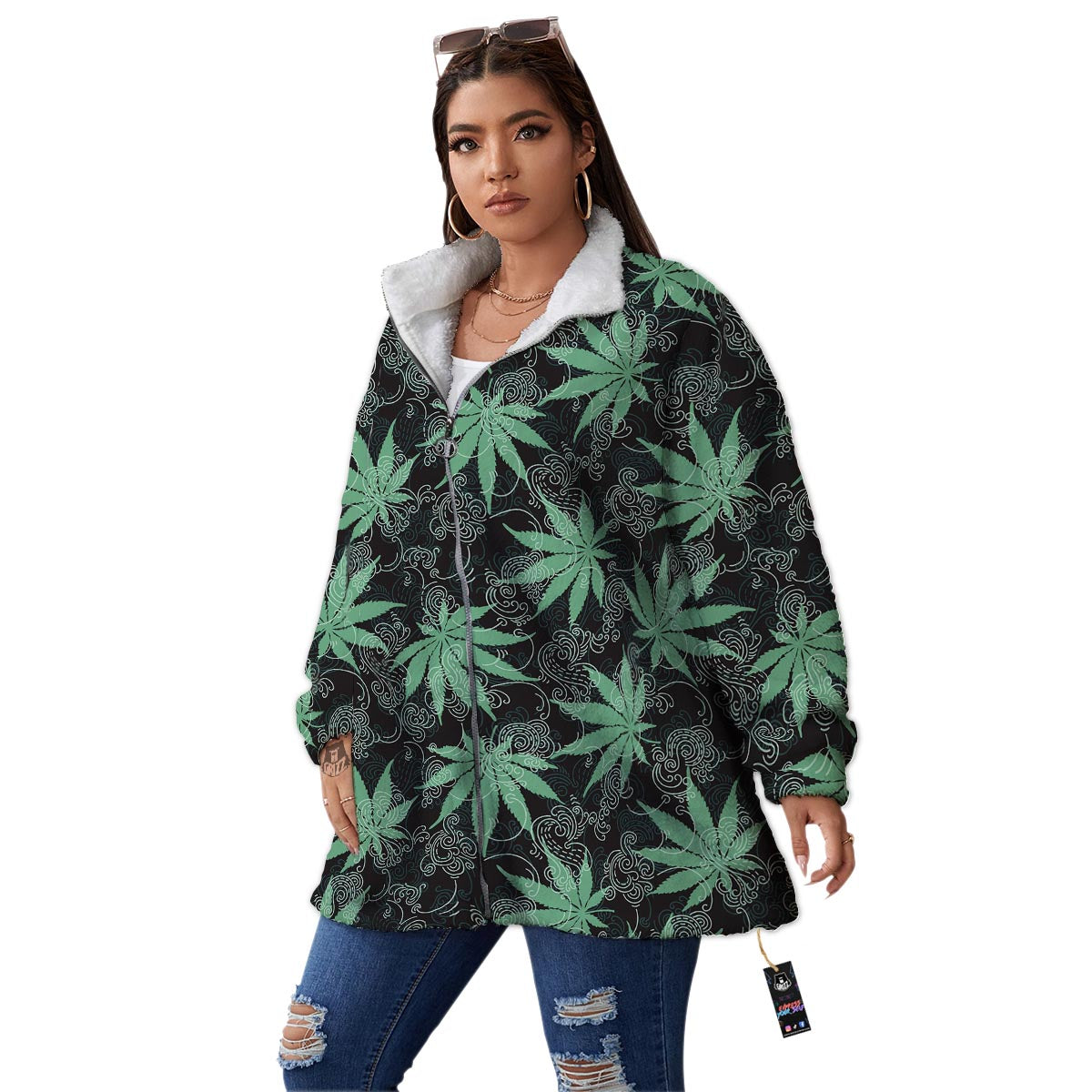 Leaf Swirl Cannabis Print Pattern Women's Sherpa Jacket-grizzshop