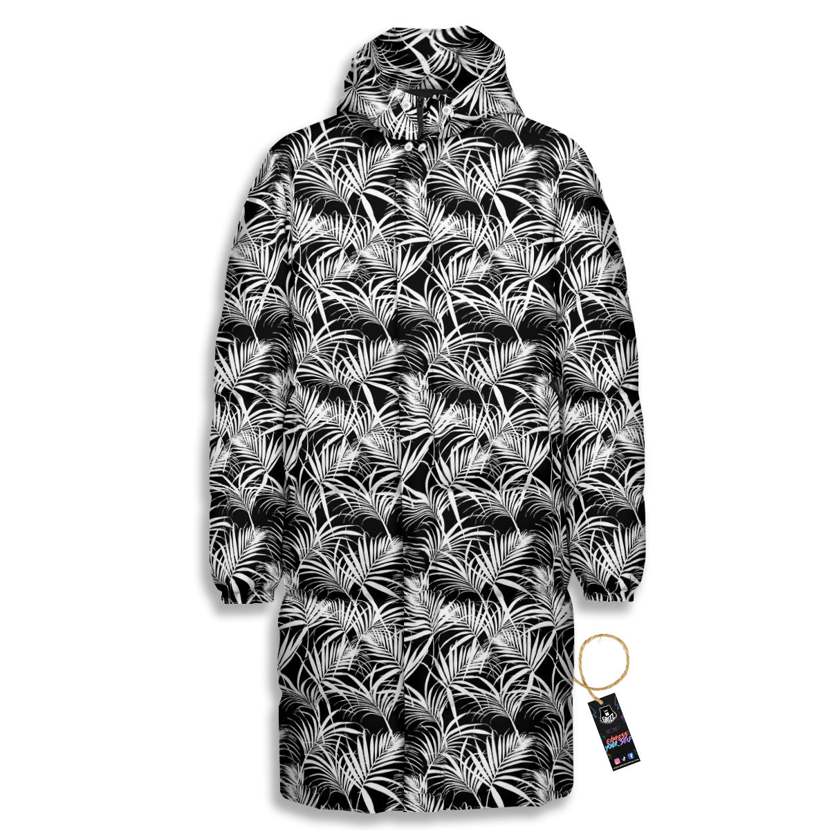 Leaf Aloha Black Palm Print Pattern Long Down Jacket