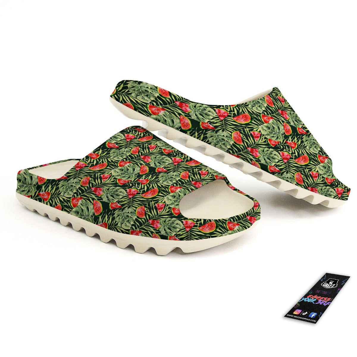 Leaf Palm Watermelon Black Print Pattern Sandals-grizzshop