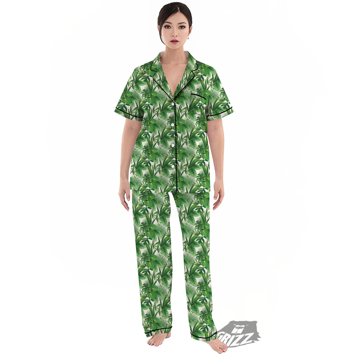 Leaves Hawaiian Palm Print Pattern Women's Pajamas Set-grizzshop