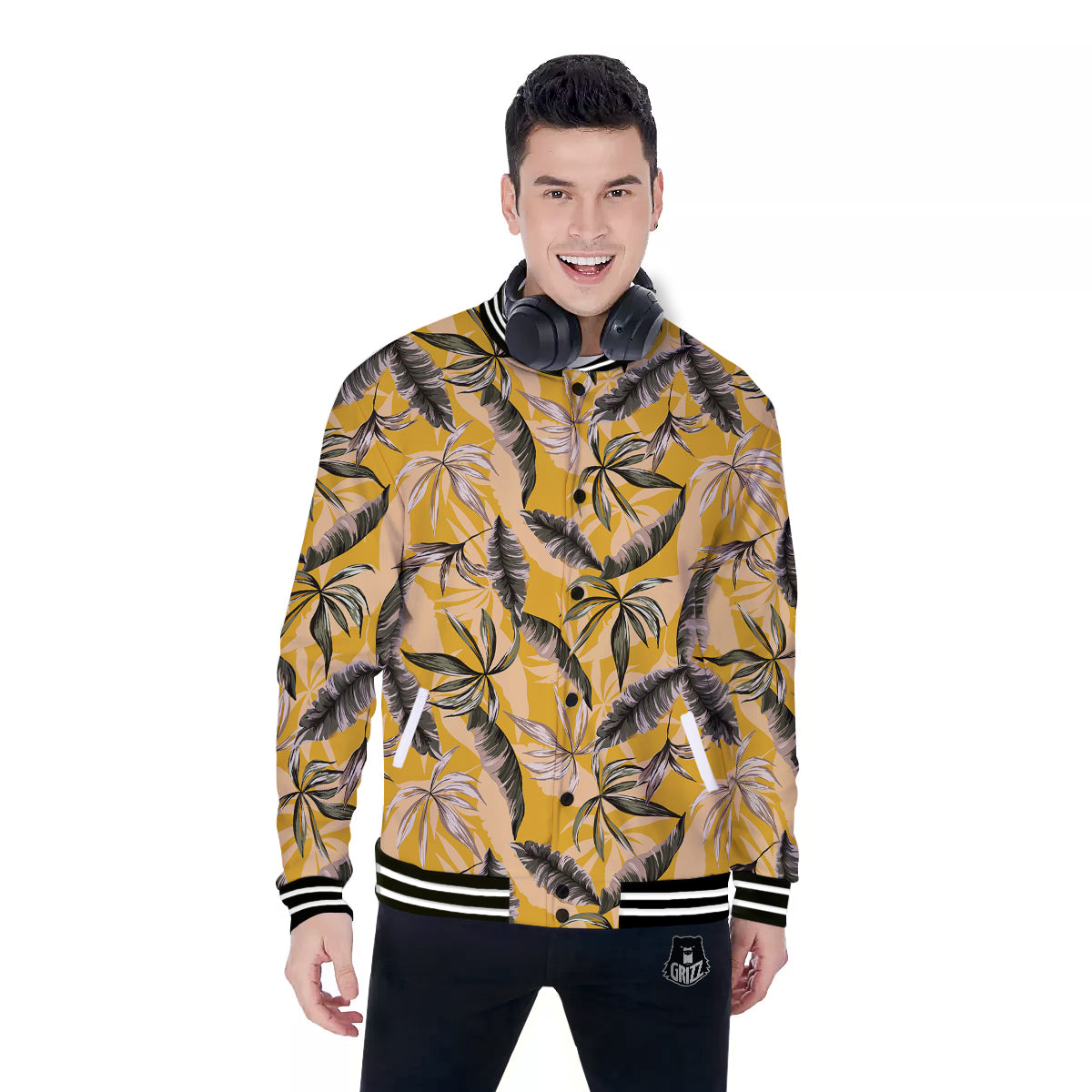 Leaves Monstera Yellow Print Pattern Baseball Jacket-grizzshop