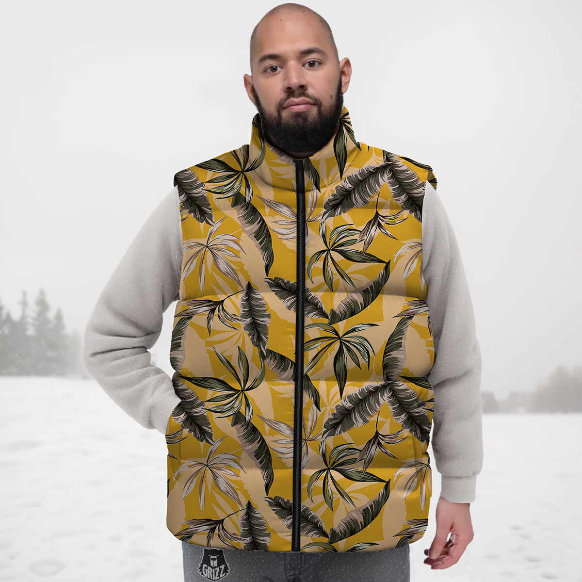 Leaves Monstera Yellow Print Pattern Down Vest-grizzshop