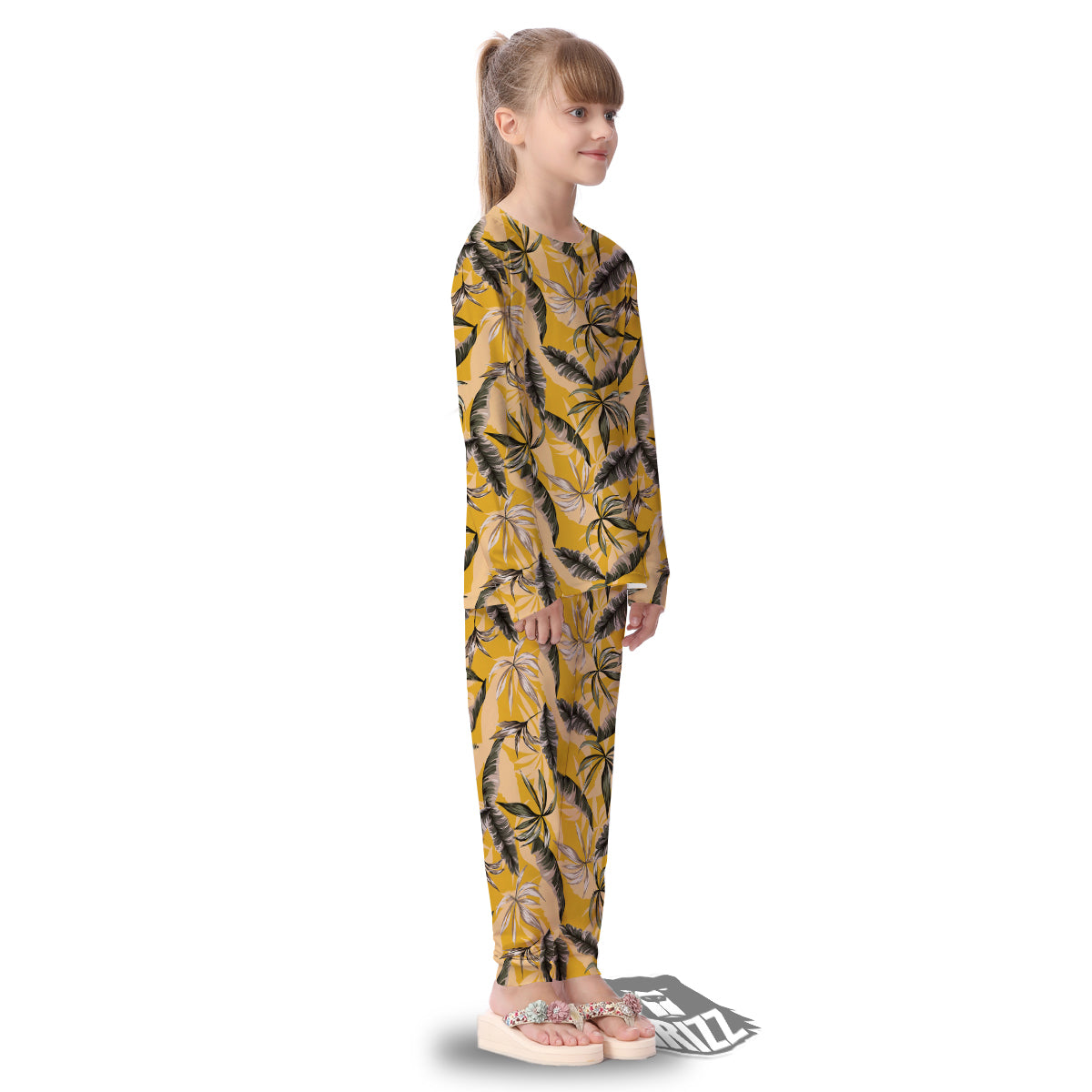 Leaves Monstera Yellow Print Pattern Kid's Pajamas-grizzshop