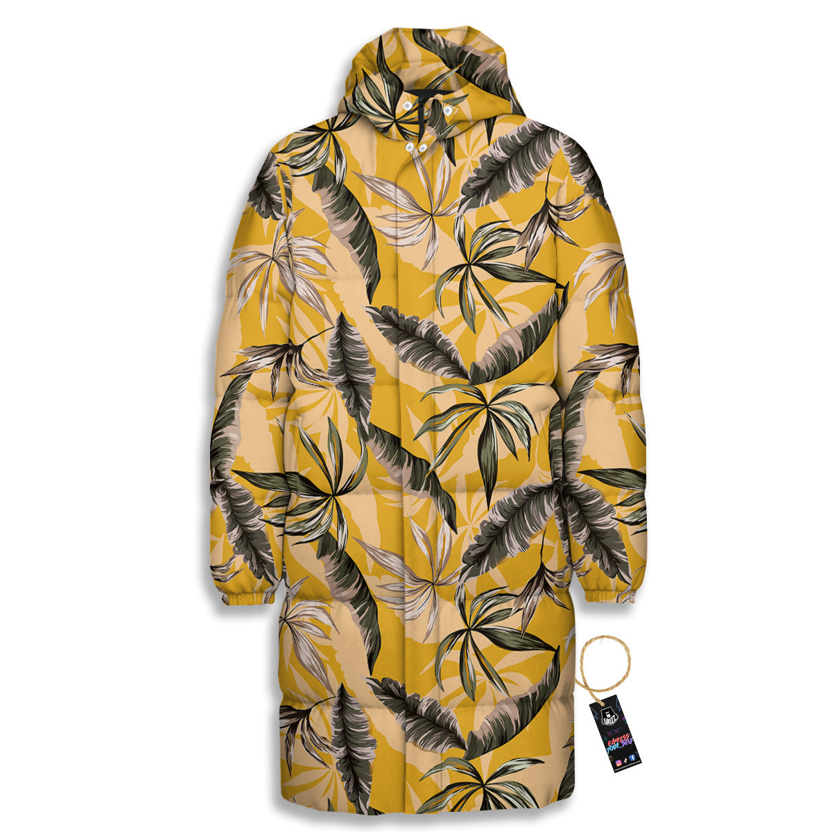 Leaves Monstera Yellow Print Pattern Long Down Jacket-grizzshop