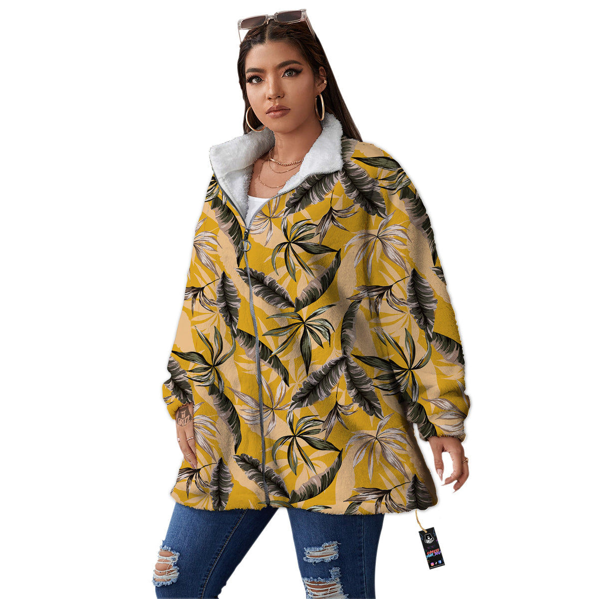Leaves Monstera Yellow Print Pattern Women's Sherpa Jacket-grizzshop