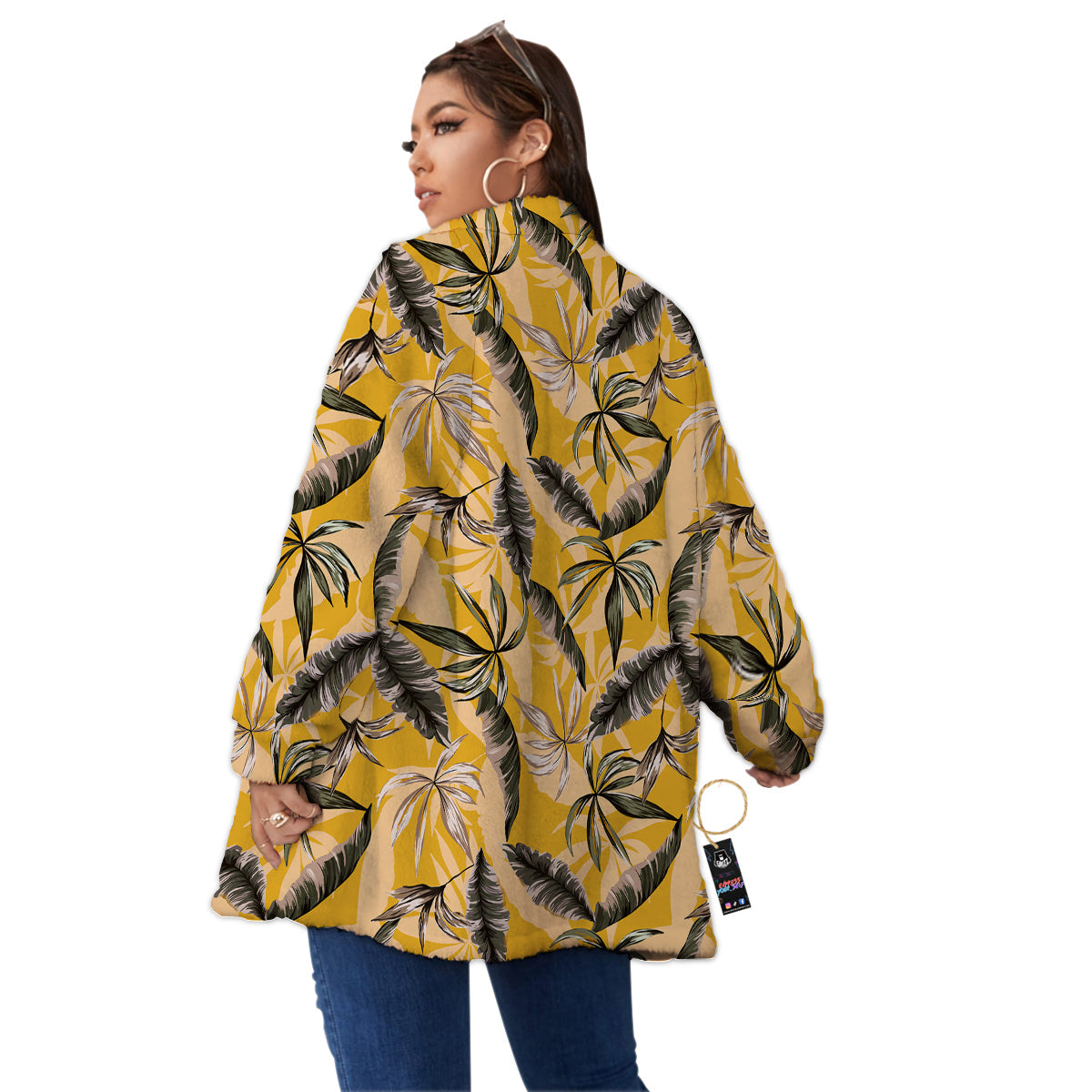 Leaves Monstera Yellow Print Pattern Women's Sherpa Jacket-grizzshop