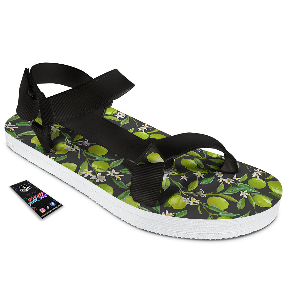 Lemon And Lime Print Pattern Black Open Toe Sandals-grizzshop