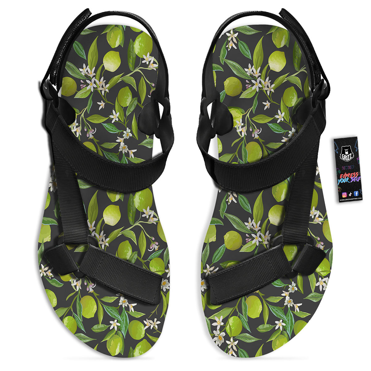 Lemon And Lime Print Pattern Black Open Toe Sandals-grizzshop