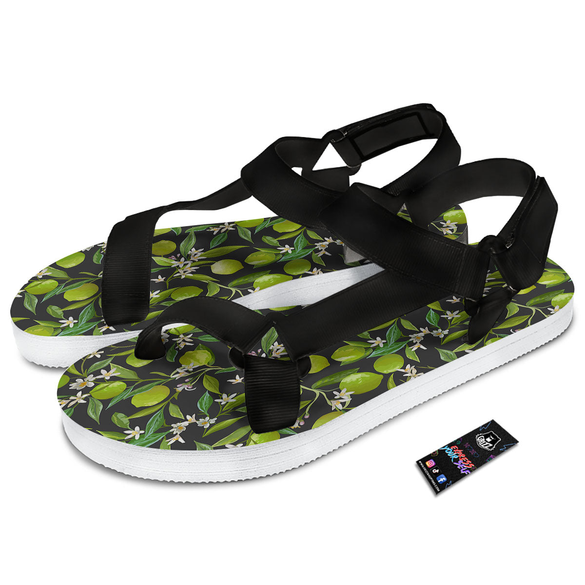 Lemon And Lime Print Pattern Black Open Toe Sandals-grizzshop