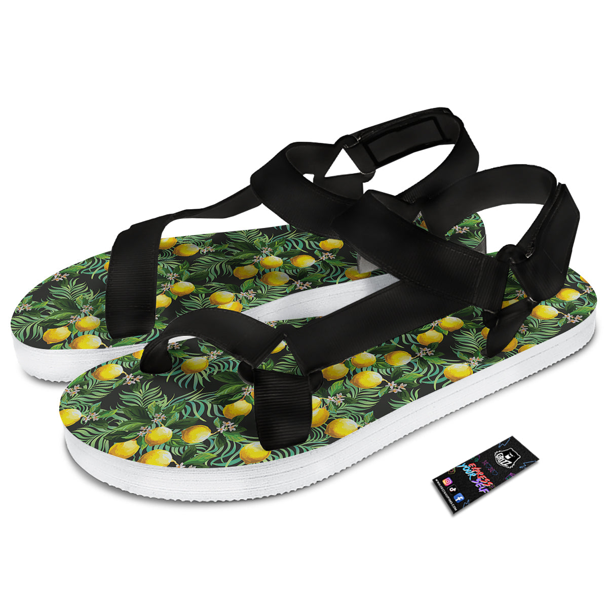 Lemon Tropical Print Pattern Black Open Toe Sandals-grizzshop