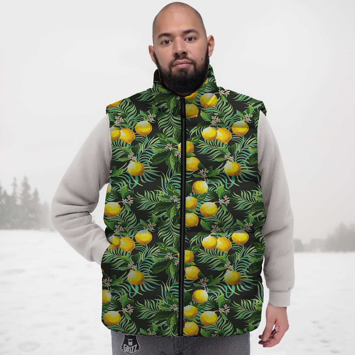 Lemon Tropical Print Pattern Down Vest-grizzshop