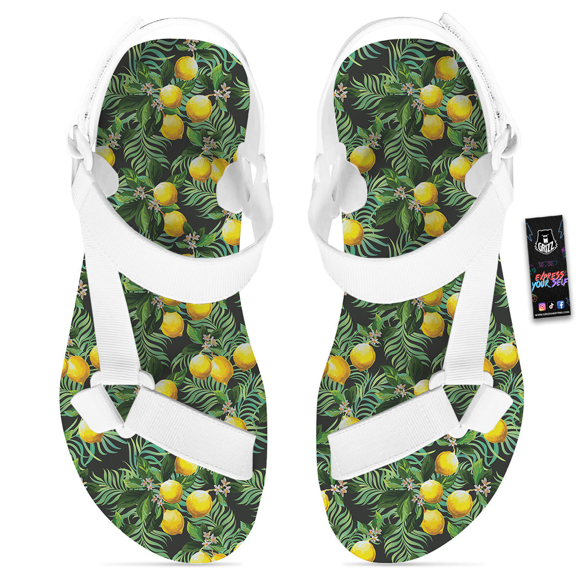 Lemon Tropical Print Pattern White Open Toe Sandals-grizzshop