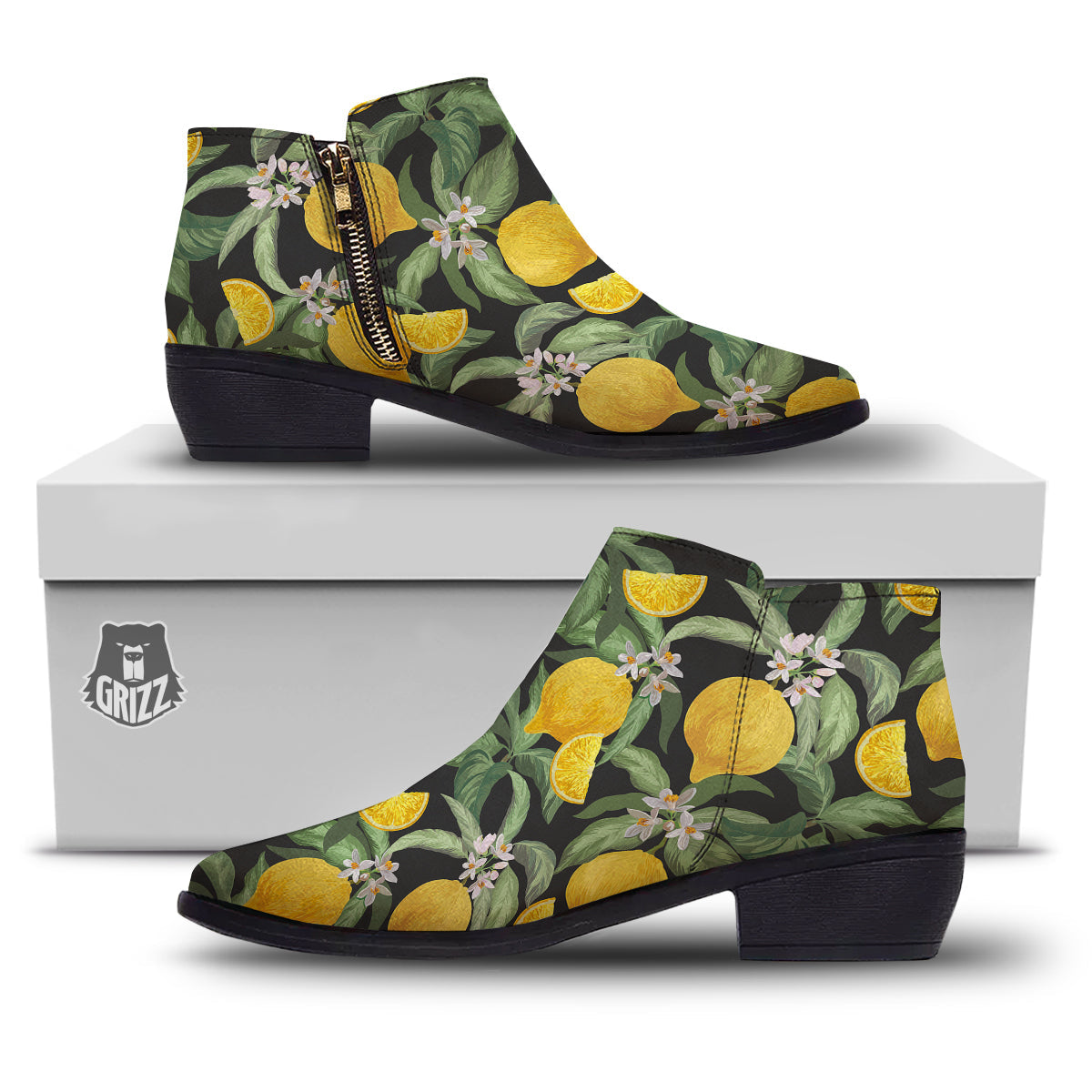Lemon Yellow Print Pattern Ankle Boots-grizzshop
