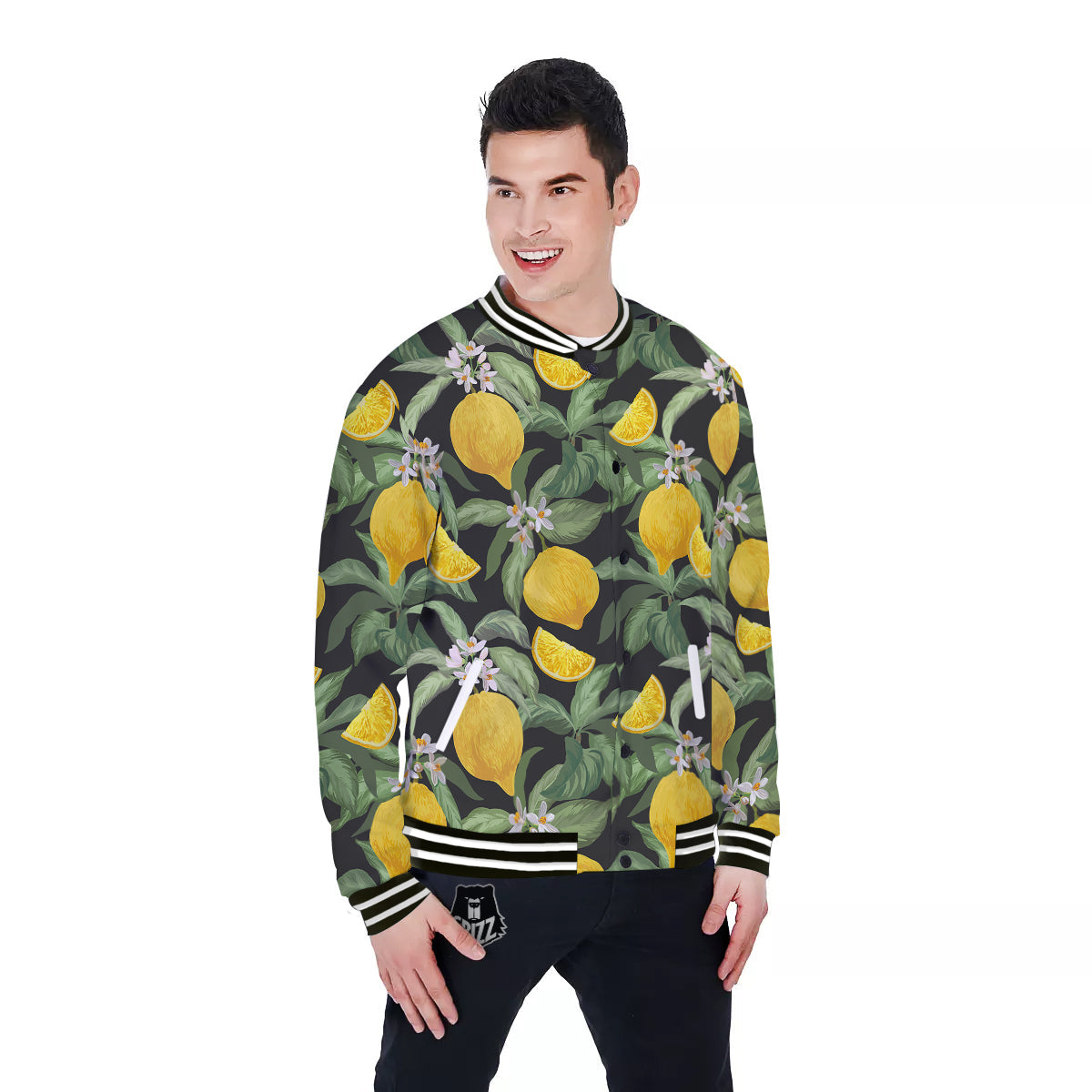 Lemon Yellow Print Pattern Baseball Jacket-grizzshop