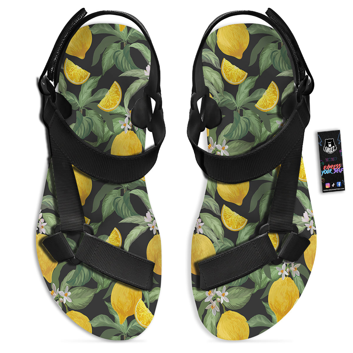 Lemon Yellow Print Pattern Black Open Toe Sandals-grizzshop
