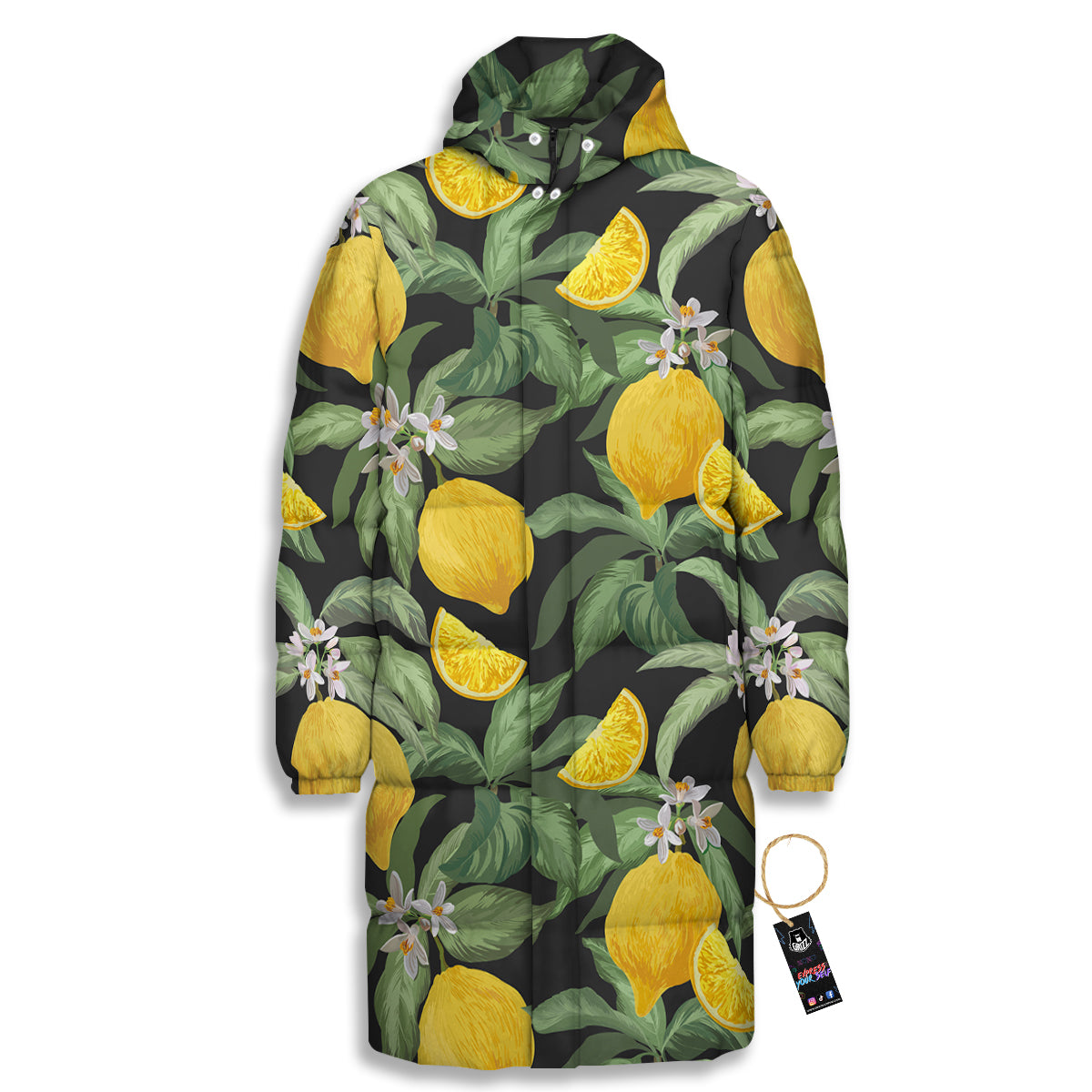 Lemon Yellow Print Pattern Long Down Jacket-grizzshop