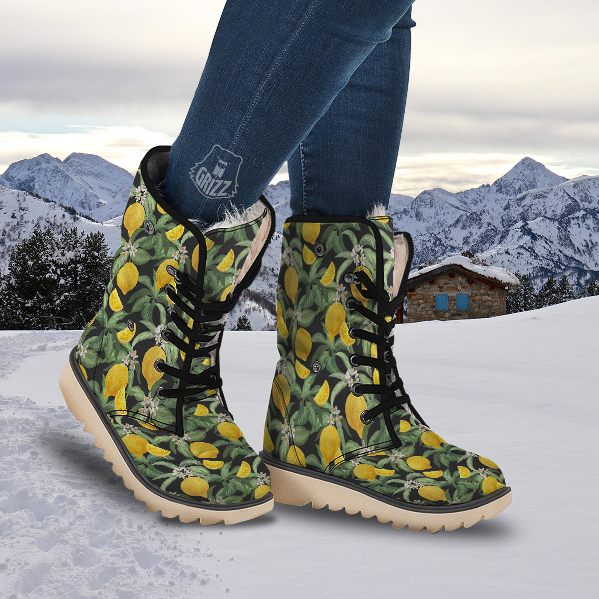 Lemon Yellow Print Pattern Snow Boots-grizzshop