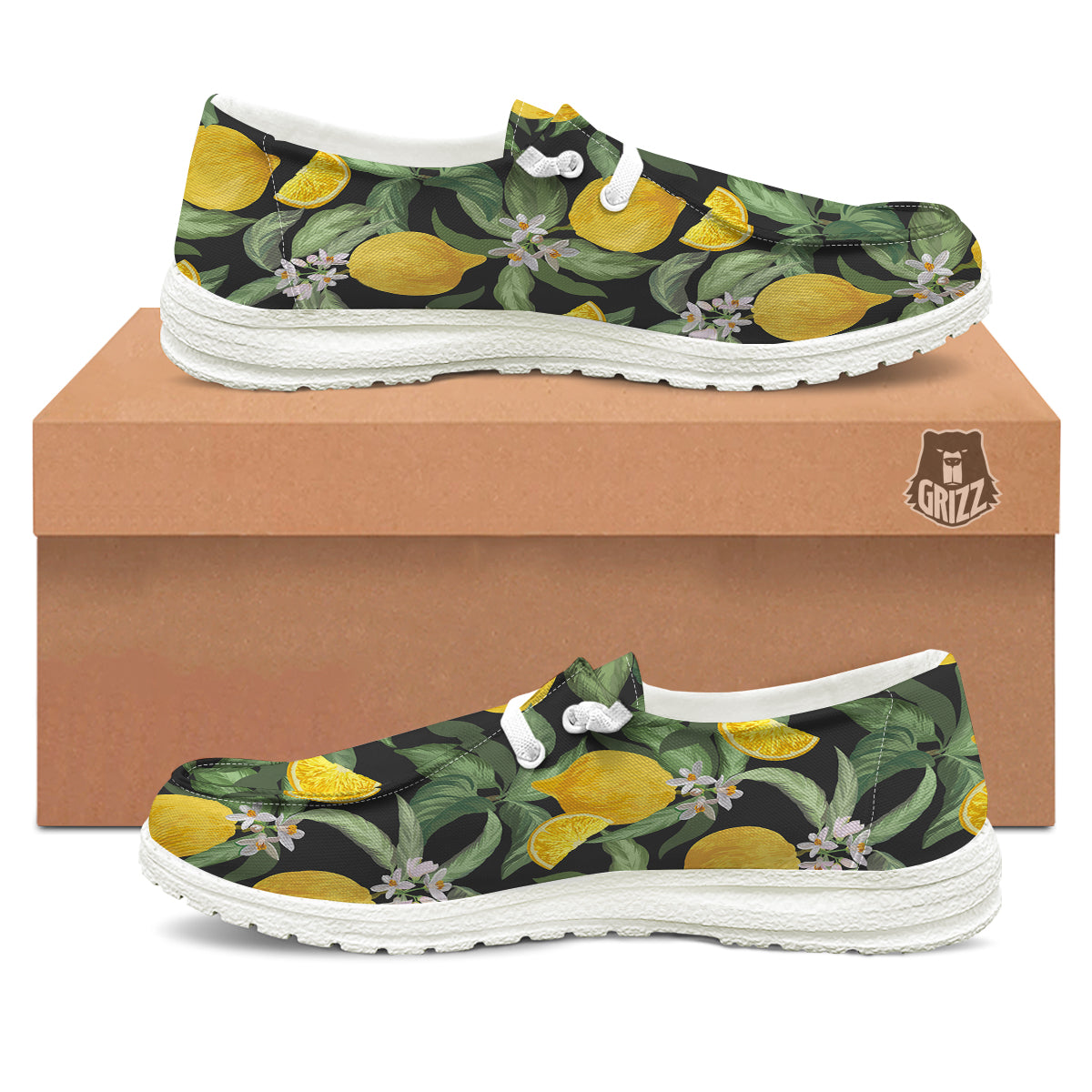 Lemon Yellow Print Pattern White Loafers-grizzshop