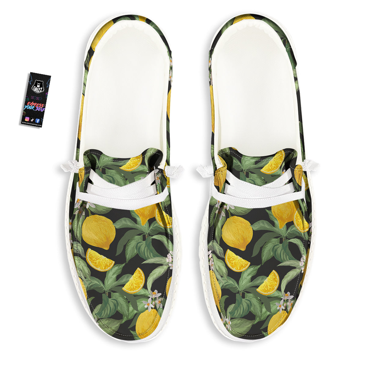 Lemon Yellow Print Pattern White Loafers-grizzshop