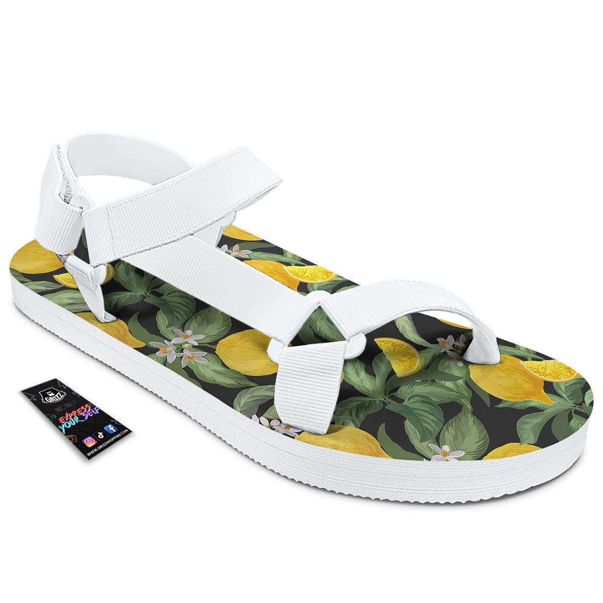 Lemon Yellow Print Pattern White Open Toe Sandals-grizzshop