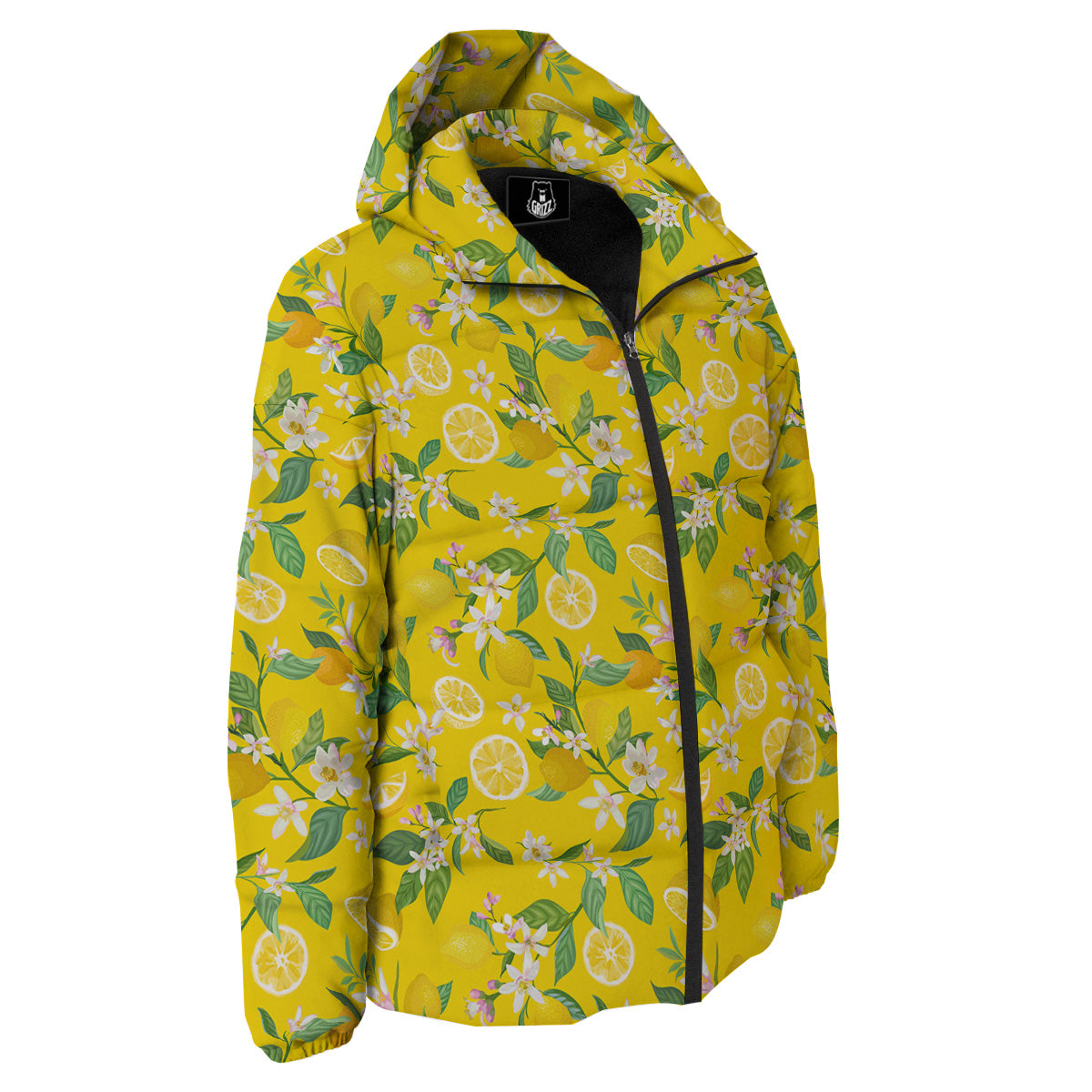 Lemon Yellow Topic Fruits Print Pattern Down Jacket-grizzshop