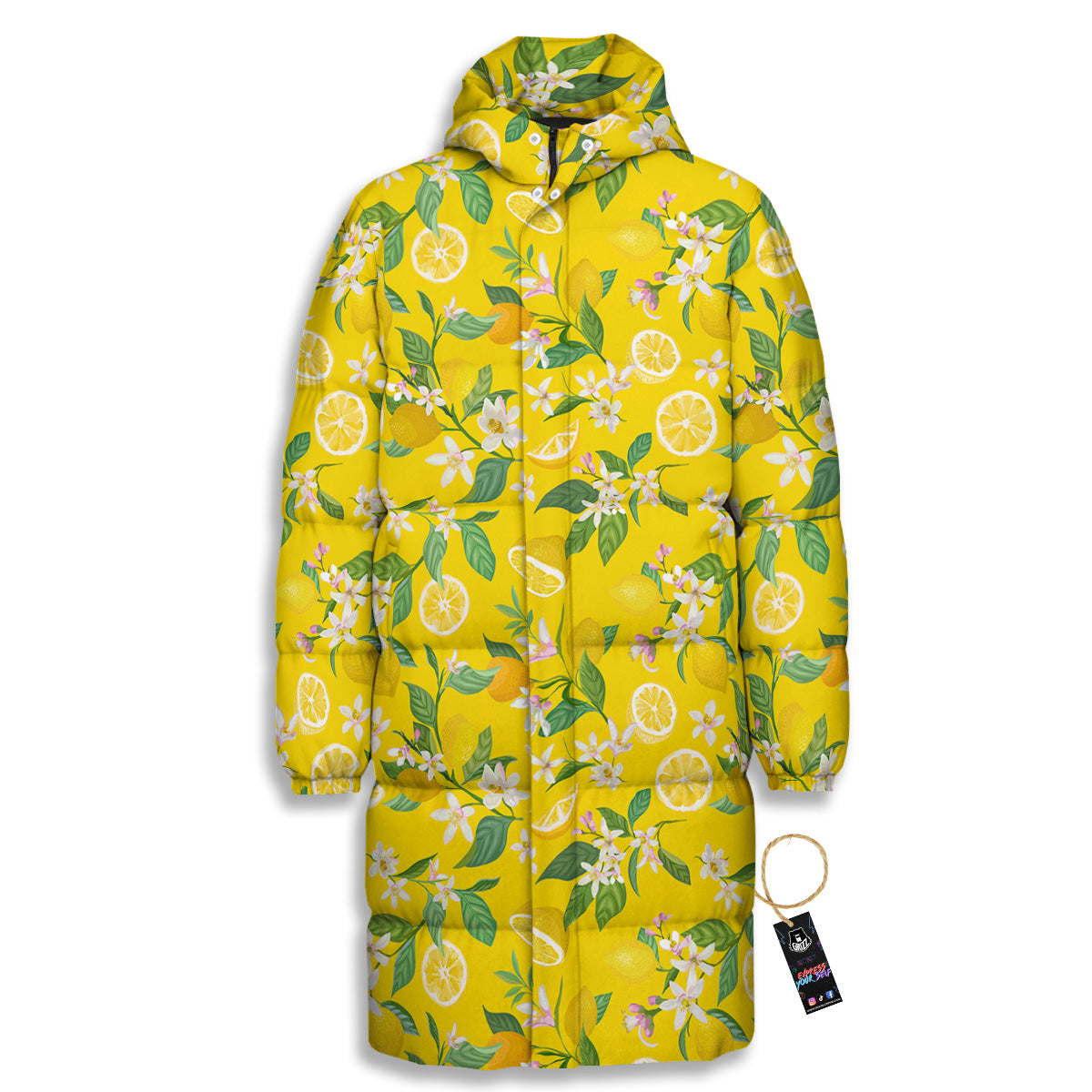 Lemon Yellow Topic Fruits Print Pattern Long Down Jacket-grizzshop