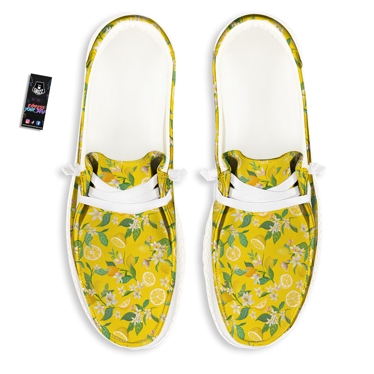 Lemon Yellow Topic Fruits Print Pattern White Loafers-grizzshop