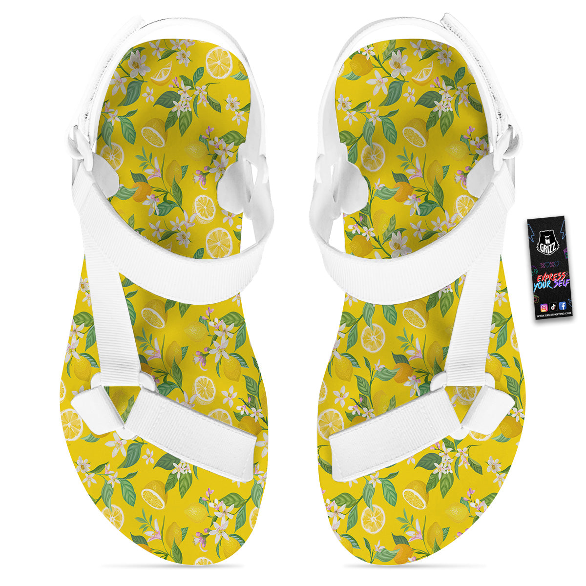Lemon Yellow Topic Fruits Print Pattern White Open Toe Sandals-grizzshop