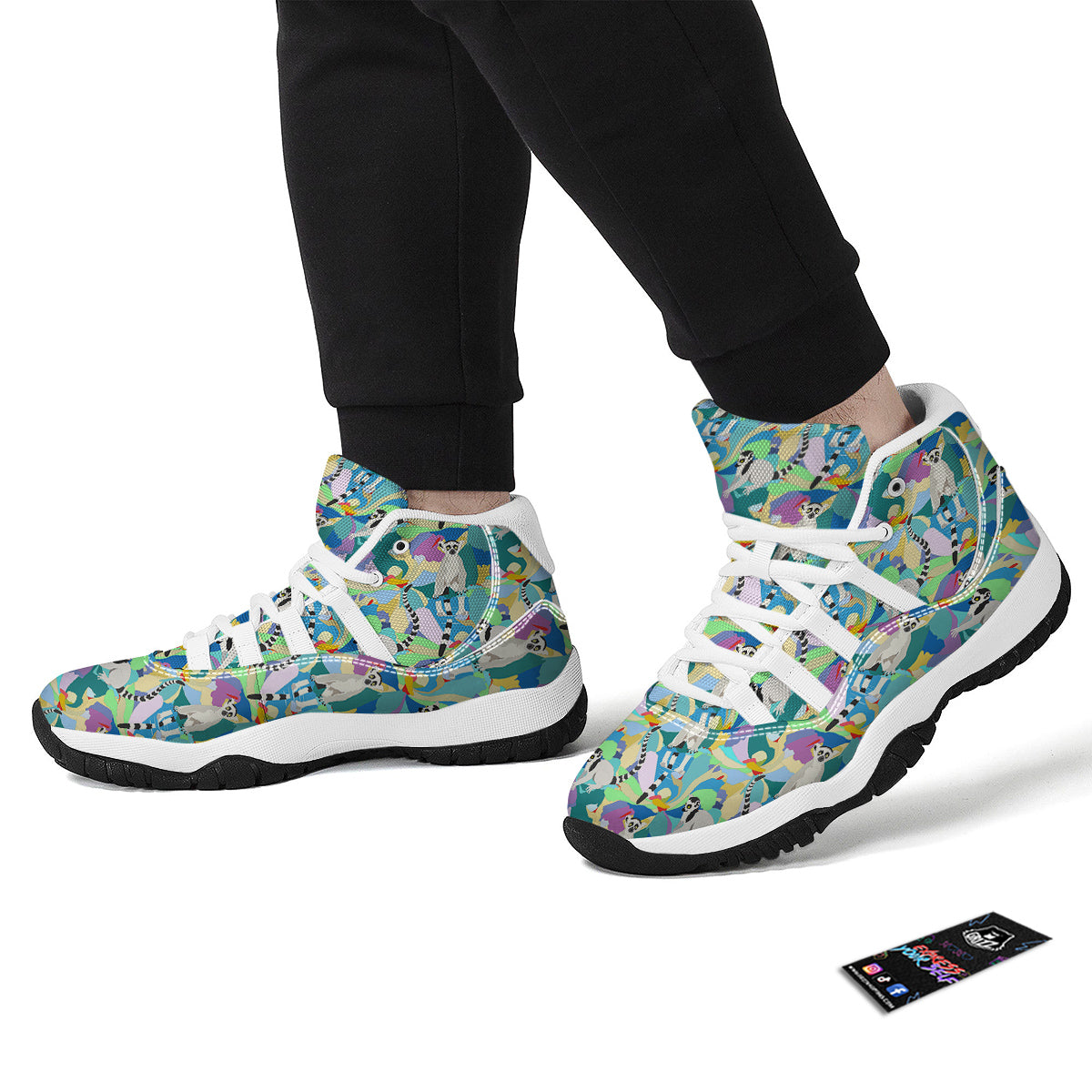 Lemur Colorful Pattern Print White Bball Shoes-grizzshop