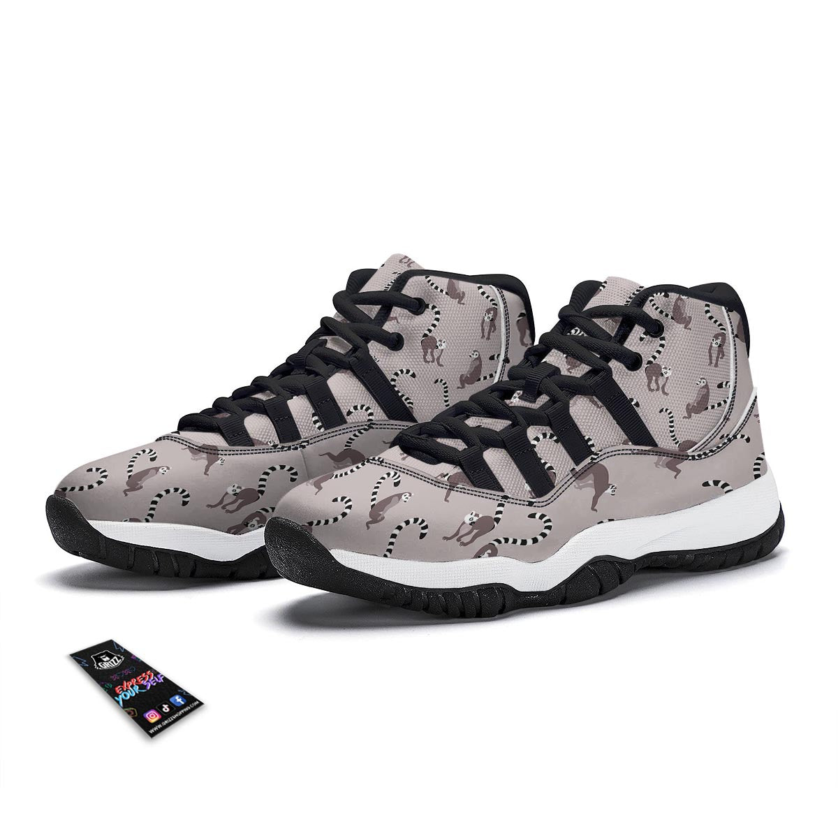 Lemur Pattern Print Black Bball Shoes-grizzshop
