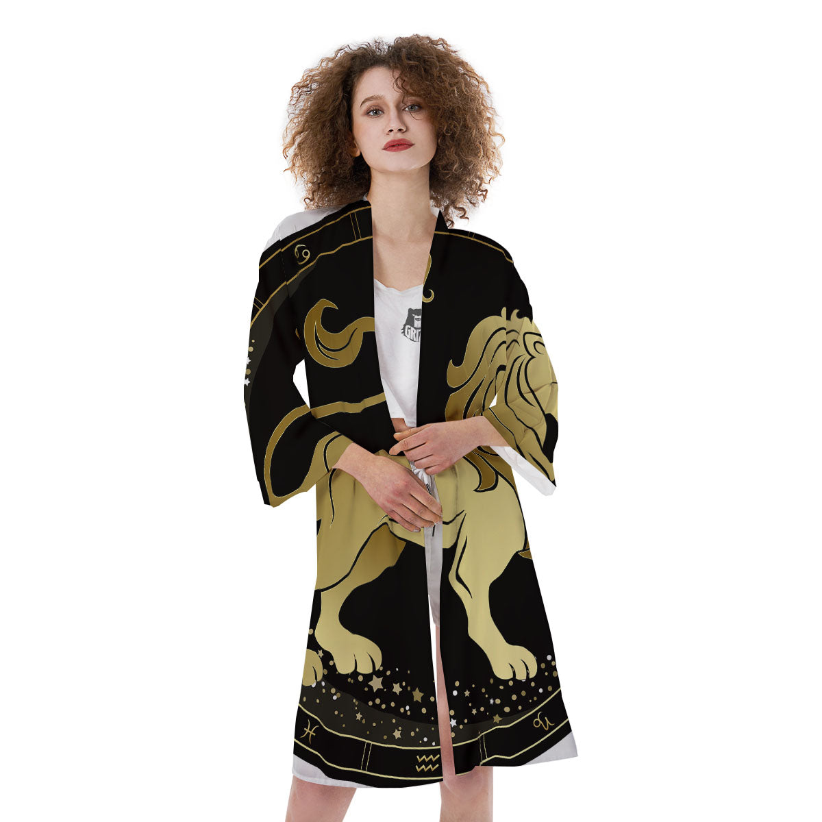 Leo Sign Black And Gold Print Kimono-grizzshop