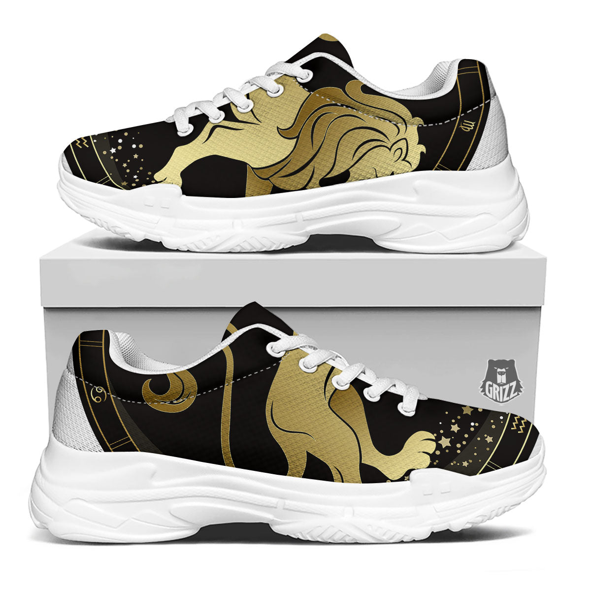 Leo Sign Black And Gold Print White Chunky Shoes-grizzshop