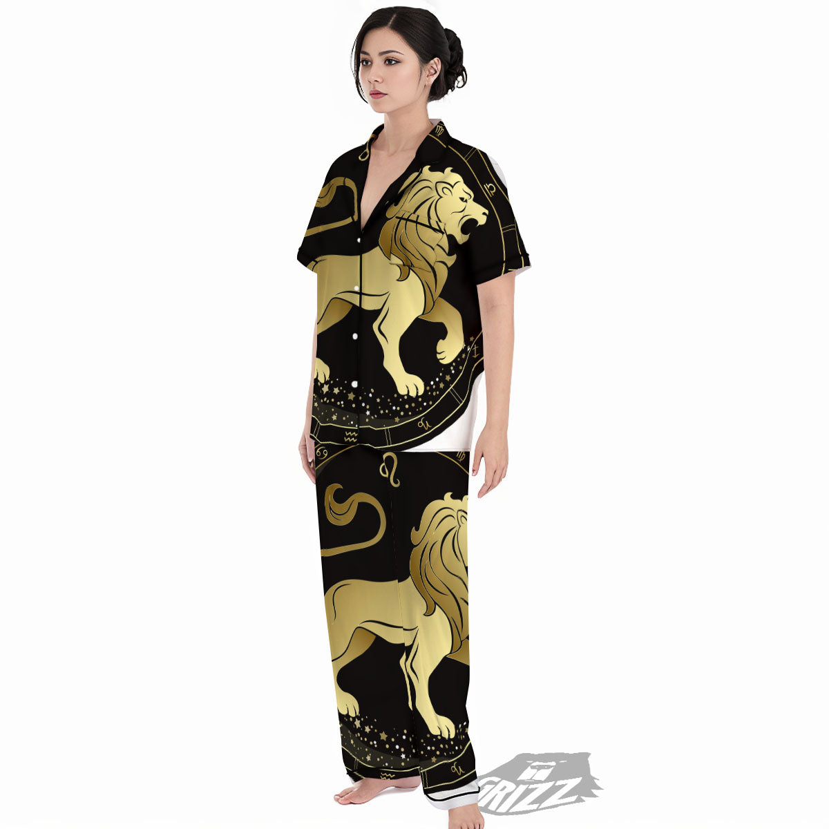 Leo Sign Black And Gold Print Women's Pajamas Set-grizzshop