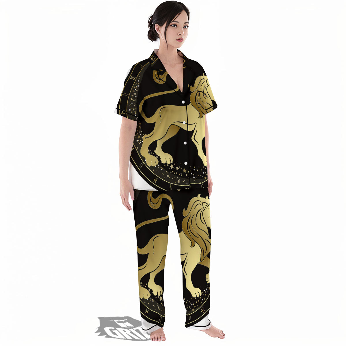 Leo Sign Black And Gold Print Women's Pajamas Set-grizzshop