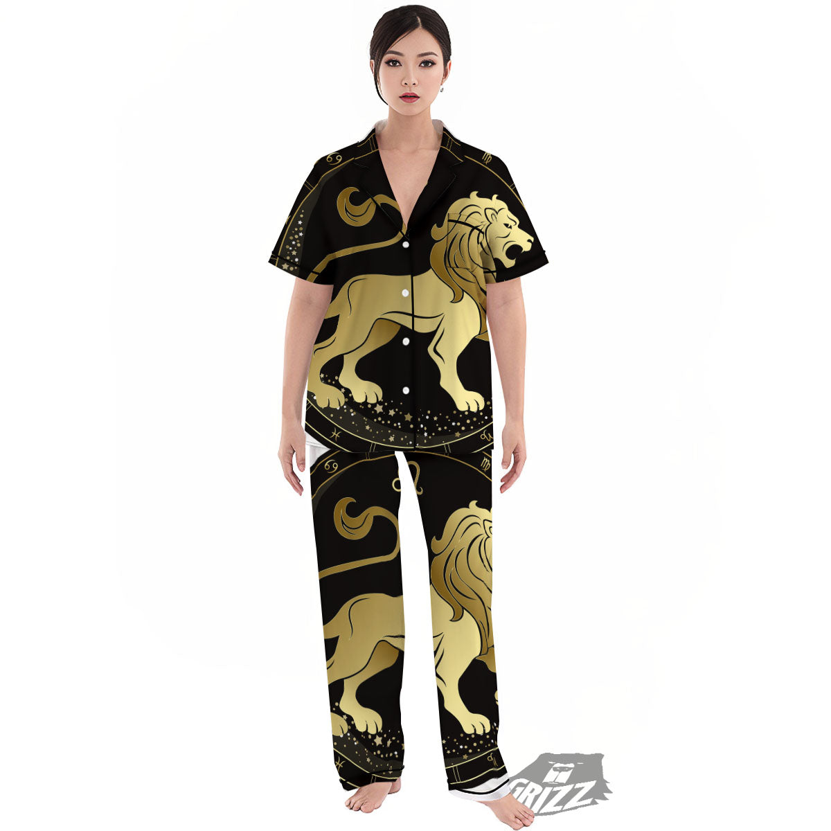 Leo Sign Black And Gold Print Women's Pajamas Set-grizzshop