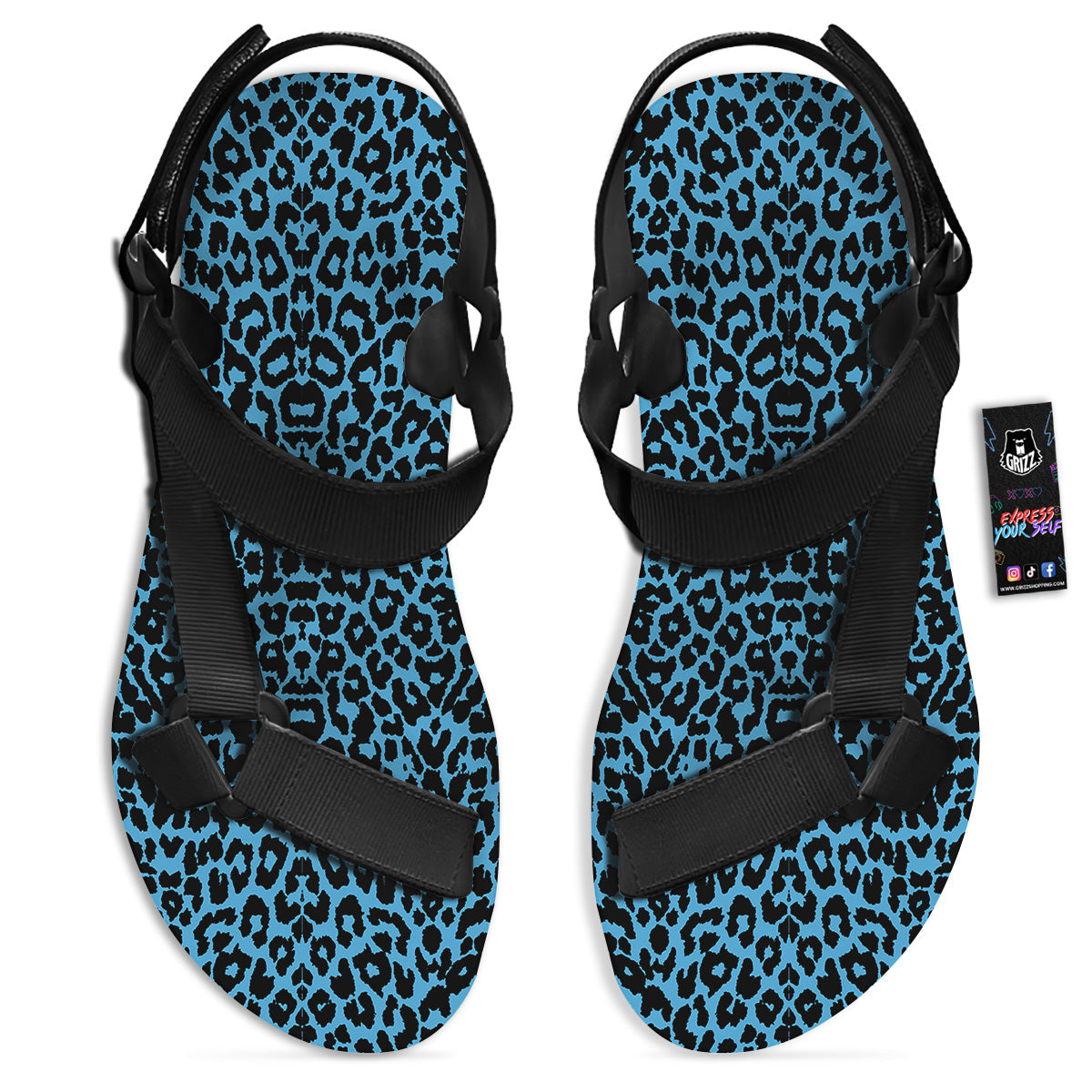 Leopard Blue Print Black Open Toe Sandals-grizzshop