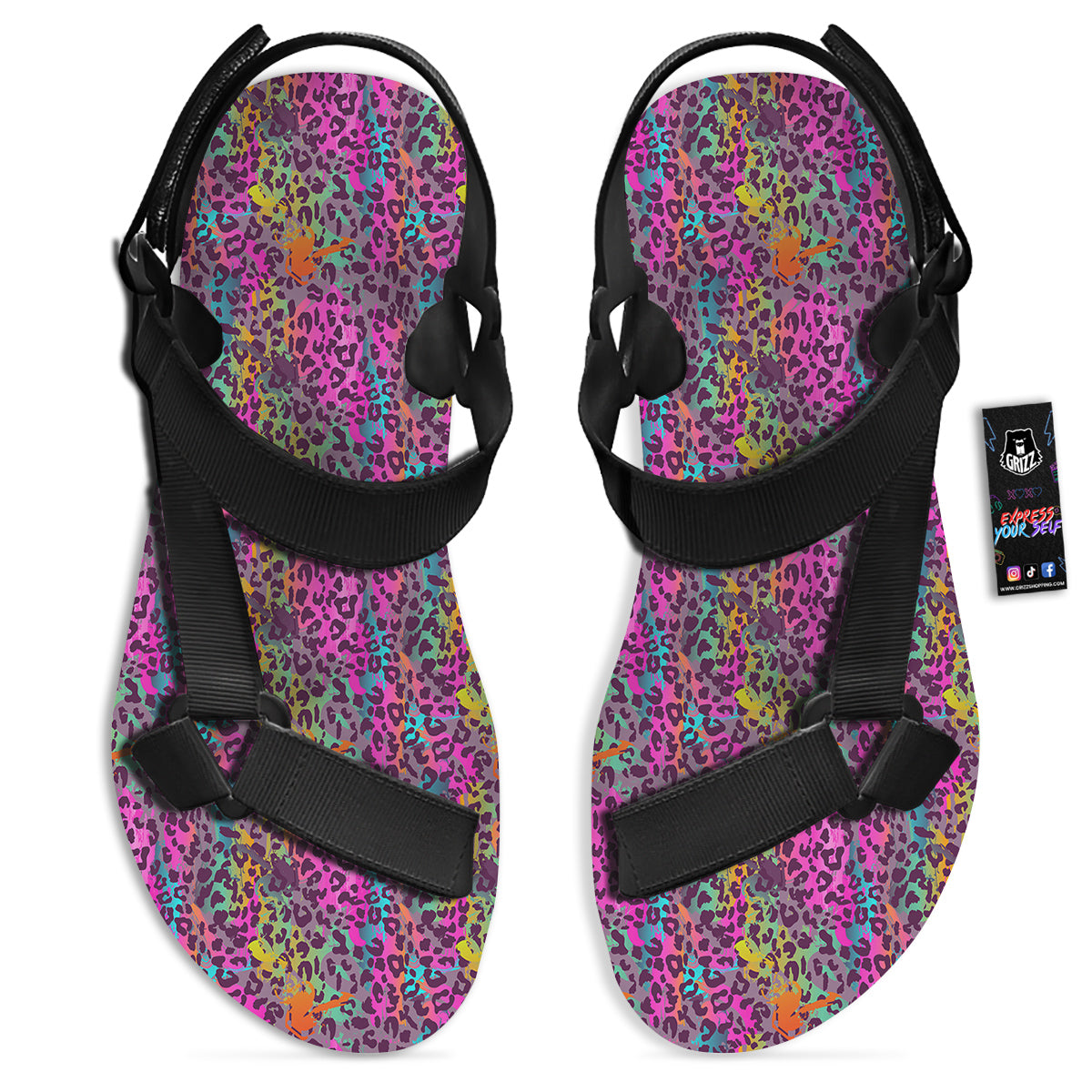 Leopard Colorful Print Black Open Toe Sandals-grizzshop