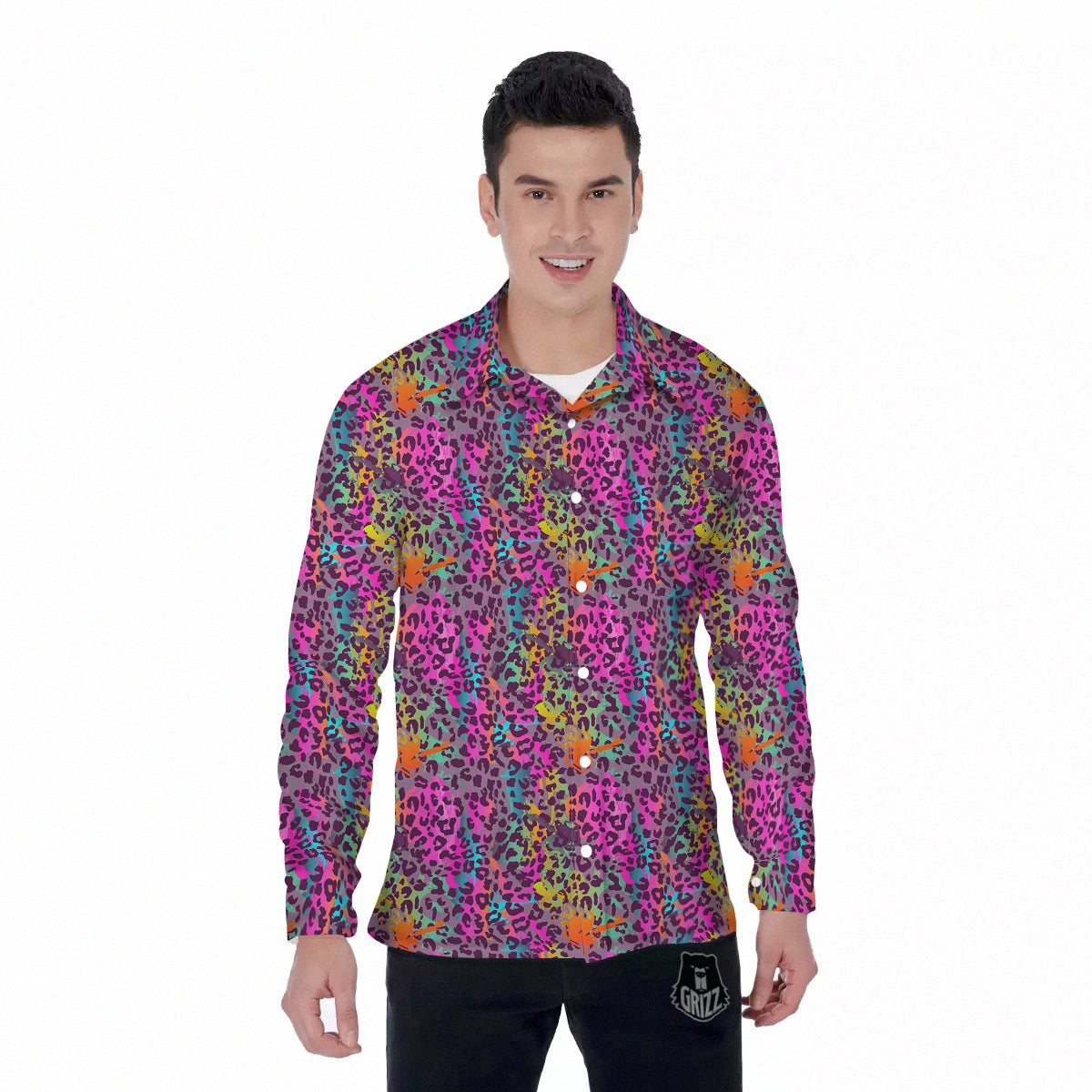 Leopard Colorful Print Men's Long Sleeve Shirts-grizzshop