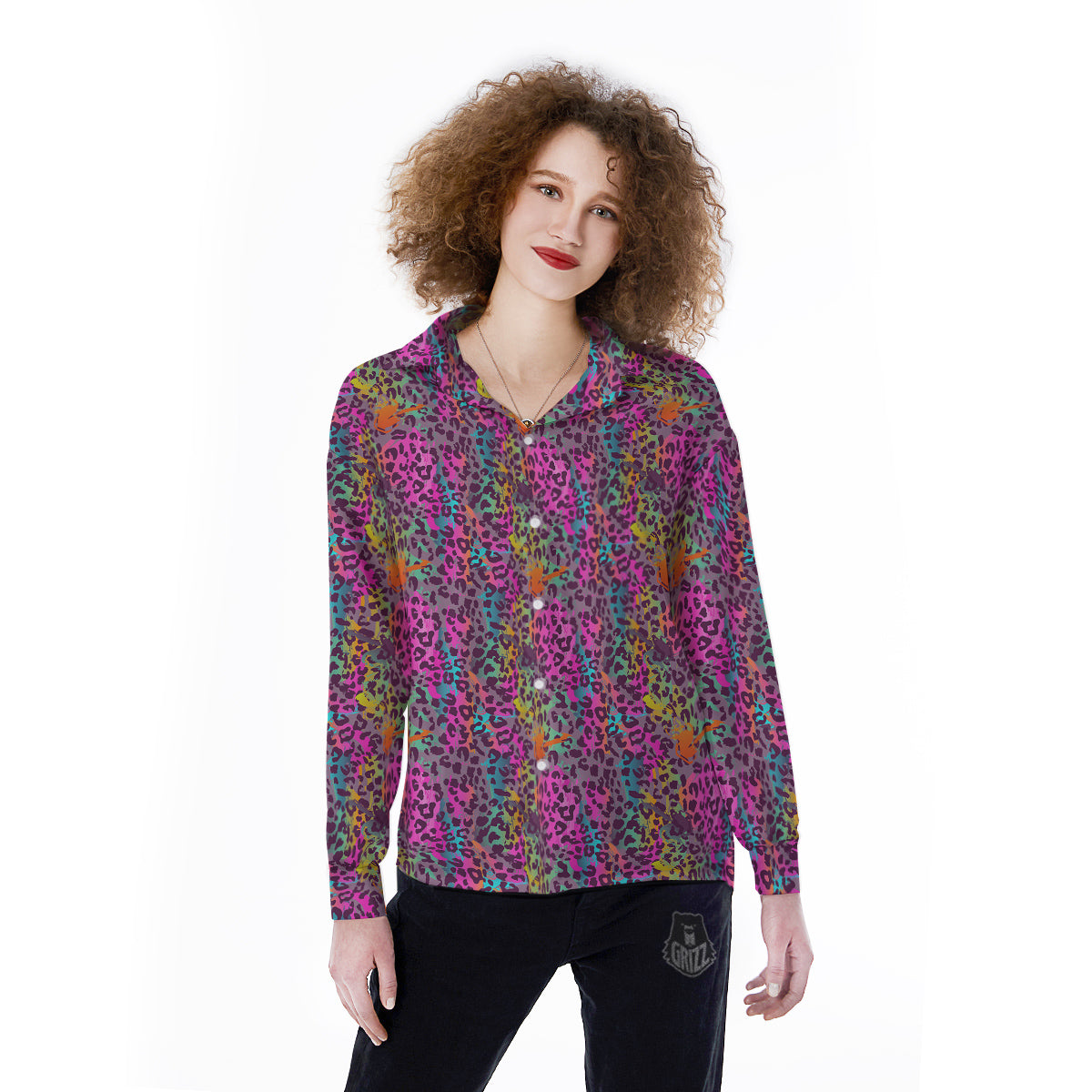 Leopard Colorful Print Women's Long Sleeve Shirts-grizzshop