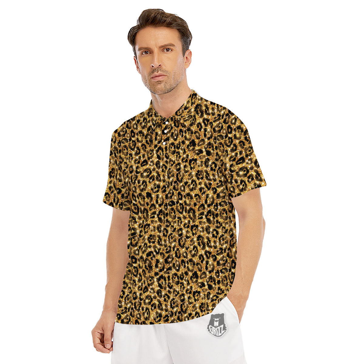Leopard Glitter Gold Print Men's Golf Shirts-grizzshop