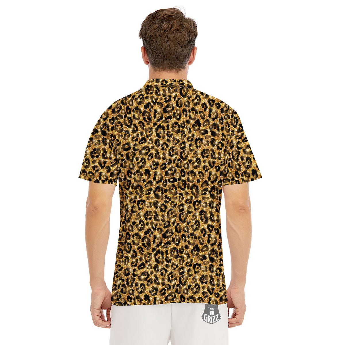 Leopard Glitter Gold Print Men's Golf Shirts-grizzshop