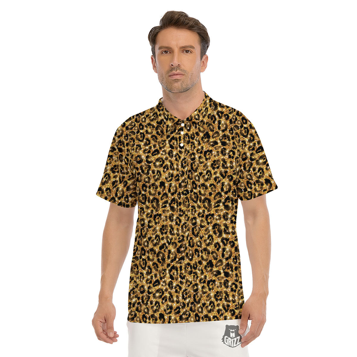 Leopard Glitter Gold Print Men's Golf Shirts-grizzshop