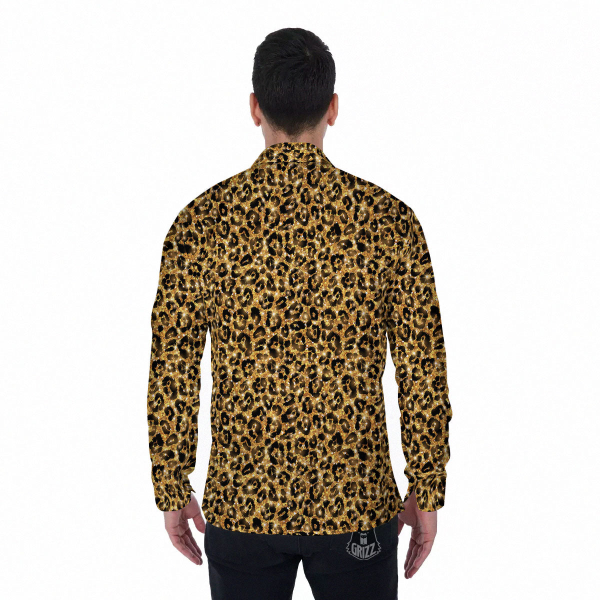 Leopard Glitter Gold Print Men's Long Sleeve Shirts-grizzshop