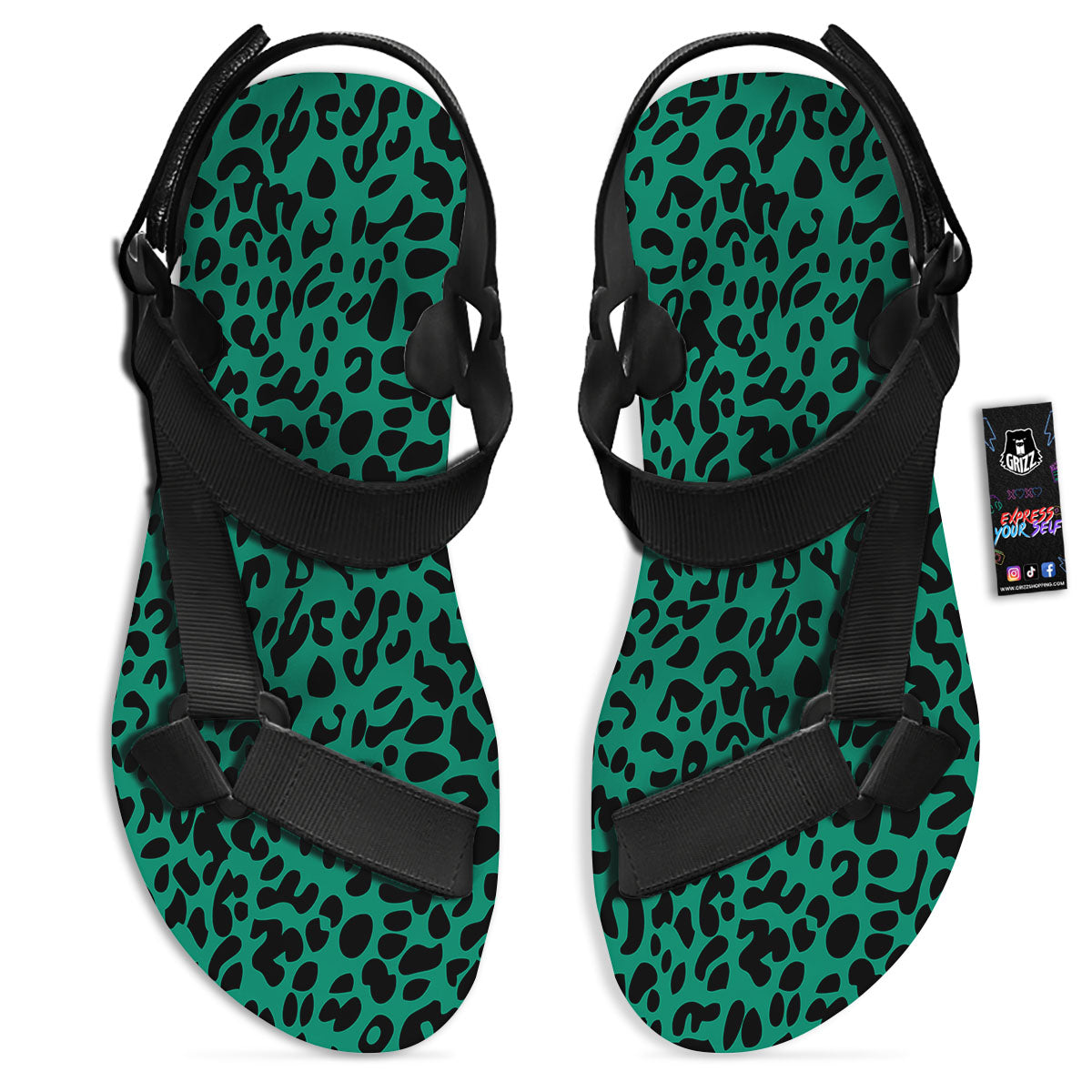 Leopard Green Print Black Open Toe Sandals-grizzshop