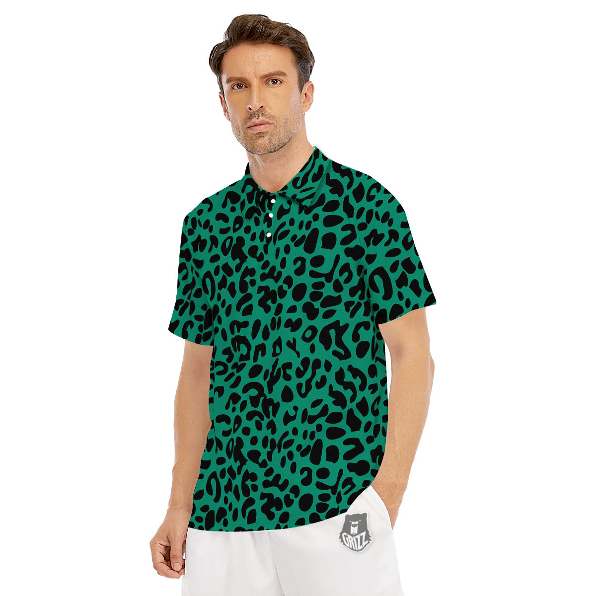 Leopard Green Print Men's Golf Shirts-grizzshop