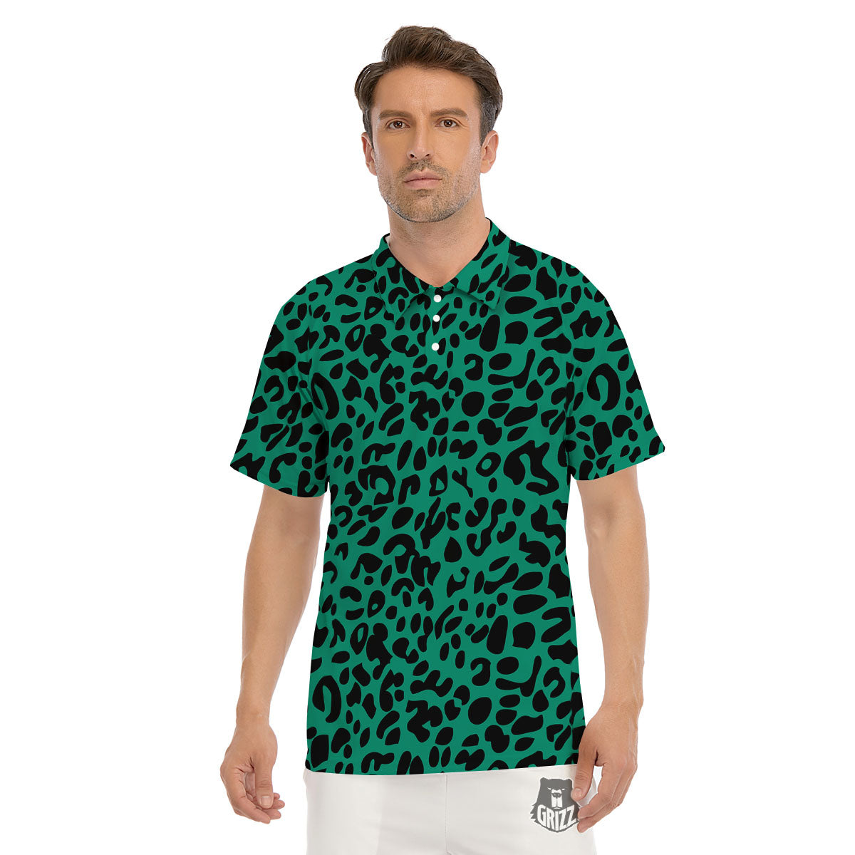 Leopard Green Print Men's Golf Shirts-grizzshop