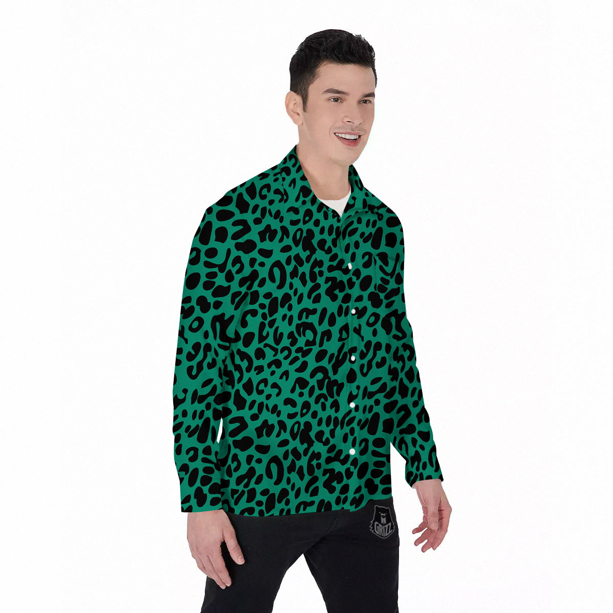 Leopard Green Print Men's Long Sleeve Shirts-grizzshop