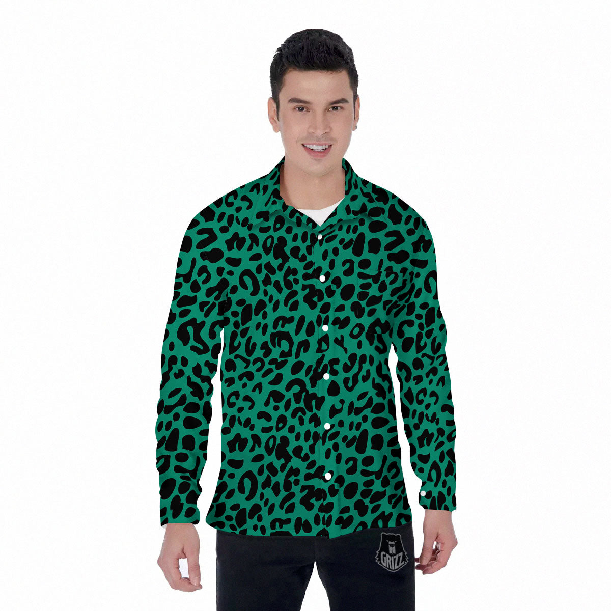 Leopard Green Print Men's Long Sleeve Shirts-grizzshop