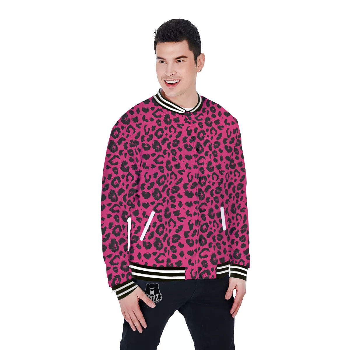 Leopard Hot Pink Print Baseball Jacket-grizzshop