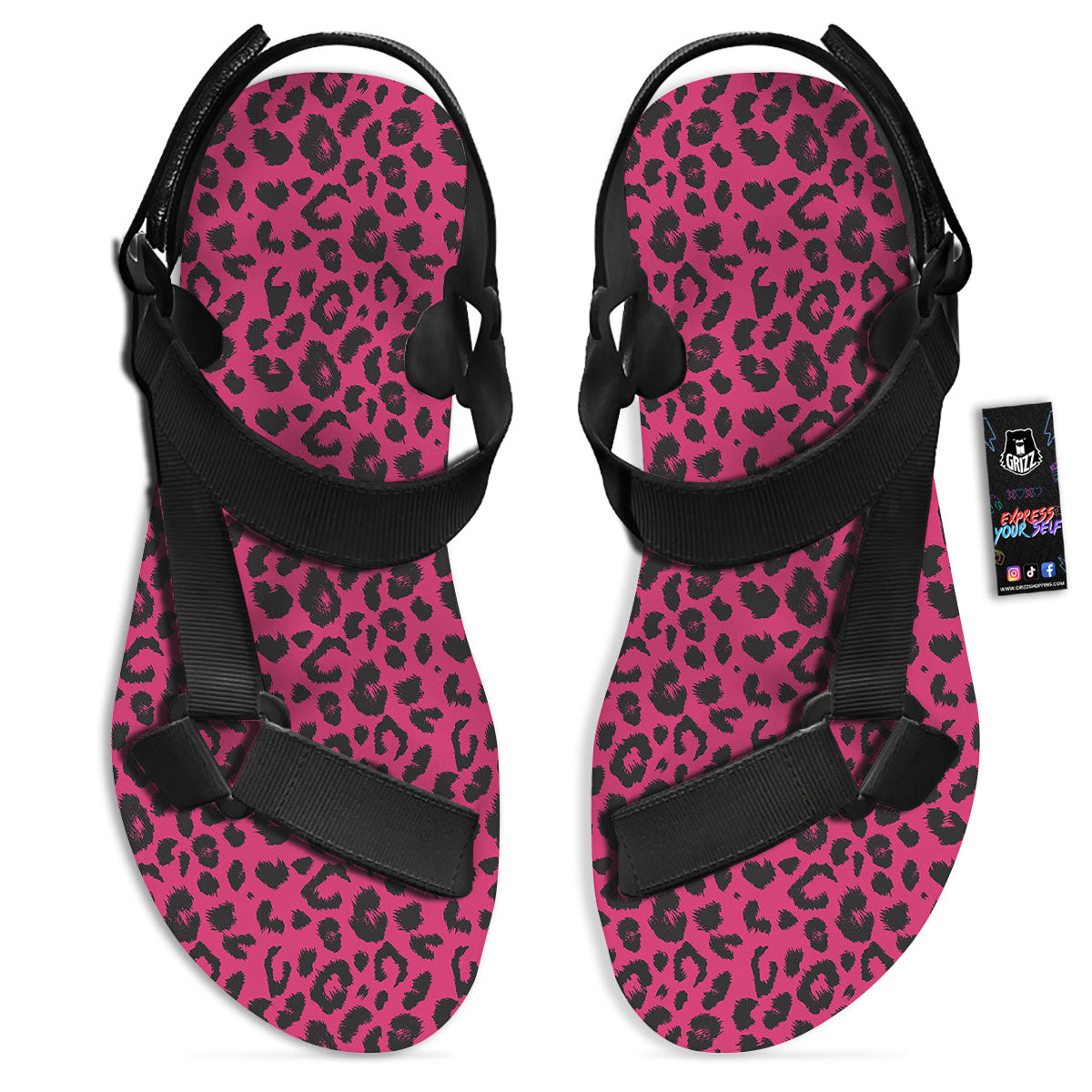 Leopard Hot Pink Print Black Open Toe Sandals-grizzshop